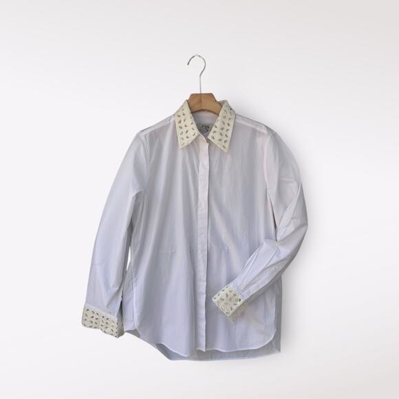 COS Women Button Up Shirt Size 10 Classic Minimalist White Timeless Macrame Work - Picture 9 of 16